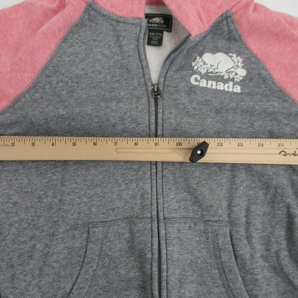 Roots Kids Sweatshirt Hoodie XXL 13 14 Years Pink Gray Pockets Zipper Casual